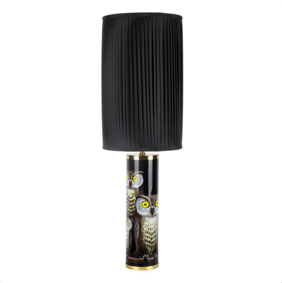 Fornasetti Cylindrical lamp base Civette/Owls colours on black - Milk Concept Boutique