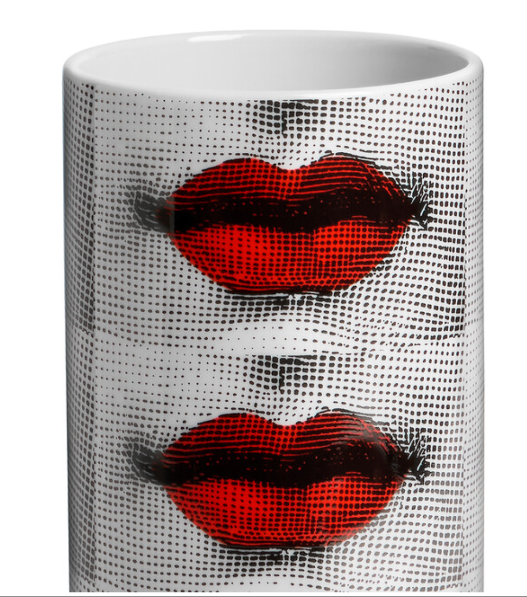Fornasetti Cylindrical Vase Small Bocche Black, Red, White