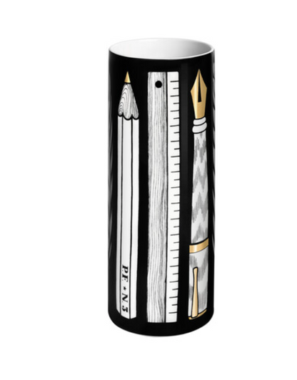 Fornasetti Cylindrical Vase Small Strumenti da Disegno Black&Gold