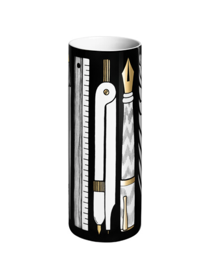 Fornasetti Cylindrical Vase Small Strumenti da Disegno Black&Gold