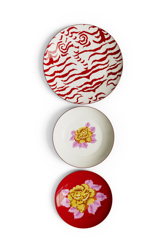 Lisa Corti Porcelain plates assorted Indian Tiger Red set of 3 - Milk Concept Boutique
