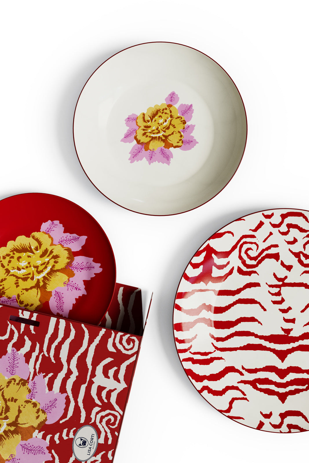 Lisa Corti Porcelain plates assorted Indian Tiger Red set of 3 - Milk Concept Boutique