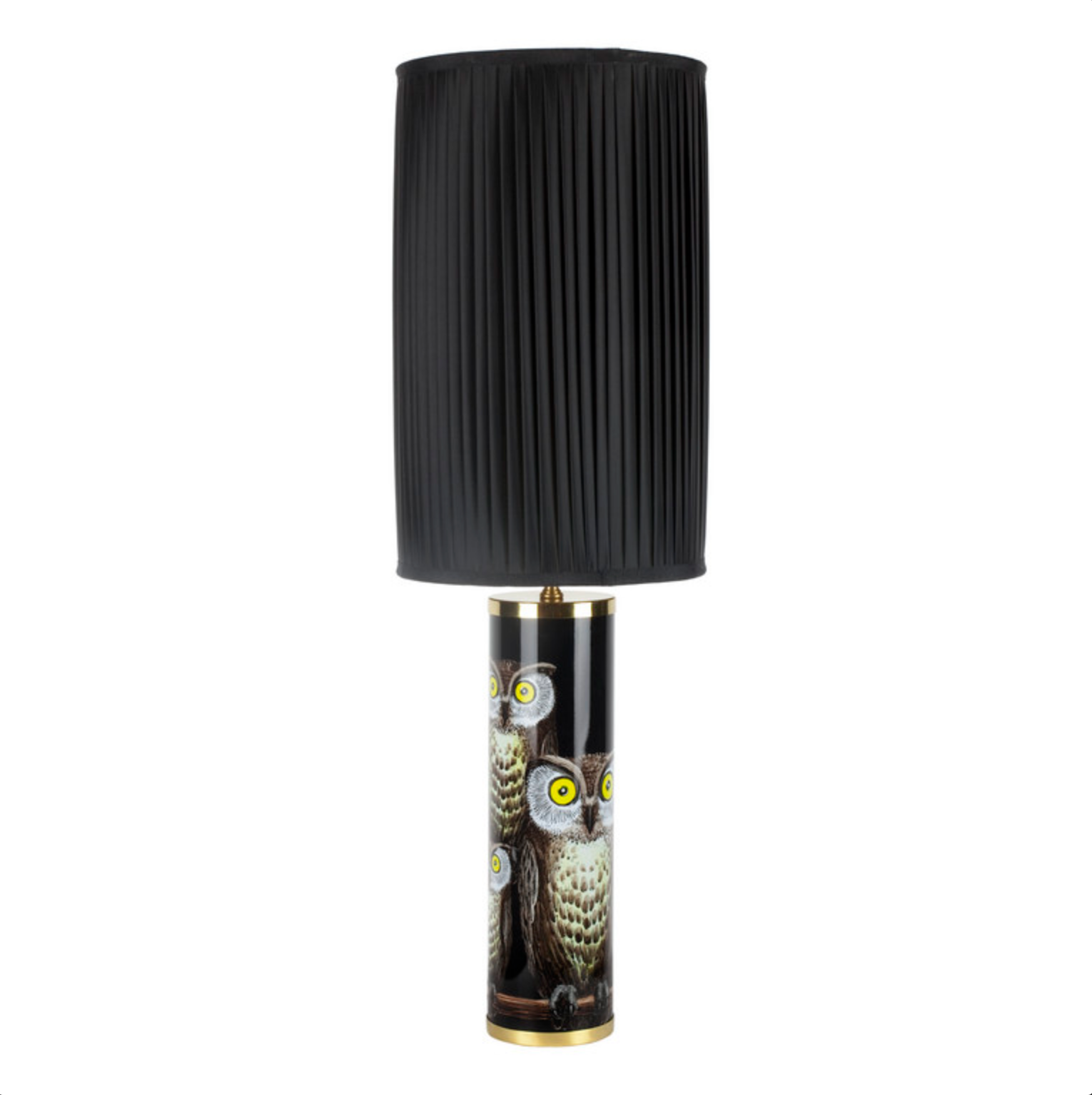 Fornasetti Cylindrical lamp base Civette Owls colours on black